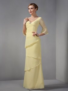 V-neck 3/4 Sleeves Long Layered Chiffon Light Yellow Dama Dresses