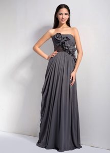 Gray Strapless Long Drapped Ruched Party Dama Dress with Flowers