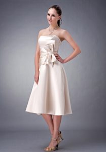 Champagne Strapless Tea-length Ruched Dama Dresses with Bowknot