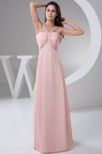 V-neck Long Baby Pink Ruched Chiffon Dama Dresses with Beading