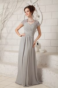 Straps Long Gray Ruched Chiffon and Lace Dama Dresses for Quince