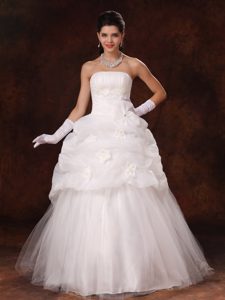 Ruched Strapless Long Wedding Dresses with Pick-ups and Flowers