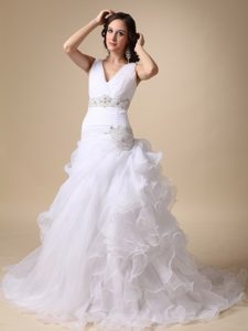 V-neck Court Train Ruched Organza Wedding Dress with Beading and Ruffles
