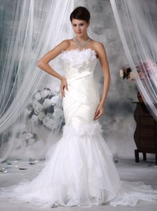 2014 Mermaid Strapless Court Train Ruched Tulle Wedding Dress with Flowers