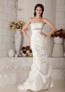 Champagne Mermaid Ruched Strapless Beaded Wedding Dress with Pick-ups