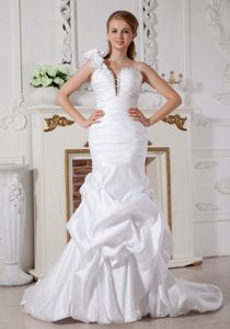 Best One Shoulder Court Train Ruched Beaded Wedding Dress with Pick-ups
