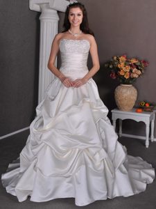 New Strapless Court Train Ruched Wedding Dress with Pick-ups and Beading