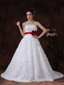 Brush Train Strapless Princess Floral Embossed Wedding Dress with Flower