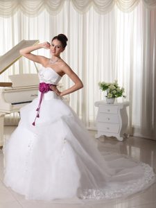 Sweetheart Court Train Appliqued Wedding Dress with Pick-ups and Flower