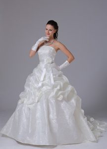 Strapless Court Train White Wedding Dress with Pick-ups and Flower