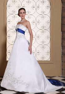 Strapless Brush Train White and Blue Wedding Dress with Embroidery