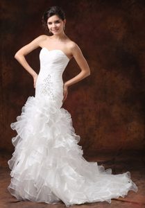 Mermaid Sweetheart Brush Train Ruched Appliqued Ruffled Wedding Dress