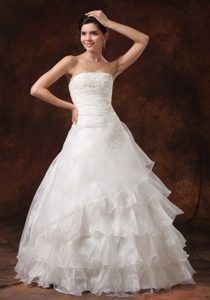 Princess Strapless Long Appliqued Organza Wedding Dress with Layers