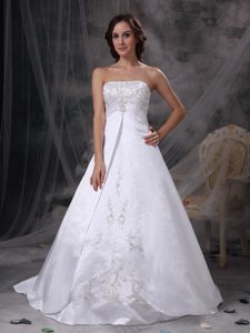 Strapless Brush Train White Church Wedding Dress with Embroideries