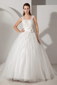 Straps Brush Train Tulle Princess Wedding Dress with Appliques and Flower