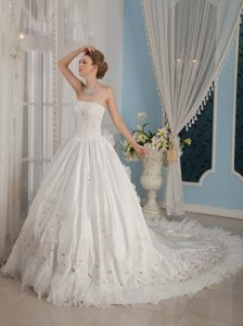 Strapless Chapel Train Church Wedding Dress with Beading and Bow