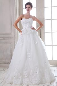 Sweetheart Brush Train Princess Church Wedding Dress with Floral Appliques