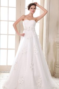 Sweetheart Brush Train Ruched Tulle Appliqued Wedding Dress with Beading