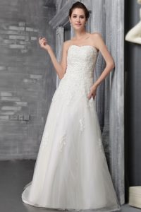 Strapless Brush Train Organza Simple Wedding Dress with Appliques