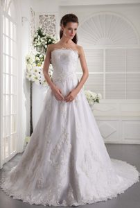 Custom Made Strapless Court Train Satin and Lace Princess Wedding Dresses