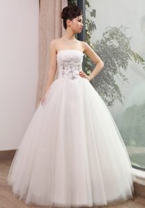 Beaded Strapless Tulle Long Designer Bridal Dresses in White Tulle