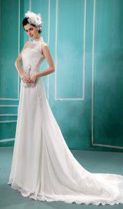 White High-neck Designer Bridal Dress With Sash and