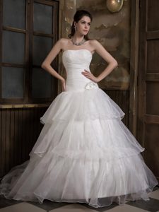 Simple A-line Strapless and Organza Dress for Bridal with Ruching