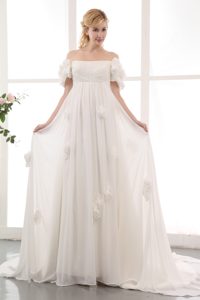 Simple Empire Off The Shoulder Chiffon Bridal Dresses with Hand Flowers