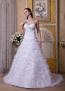 Modest One Shoulder Satin and Tulle Designer Bridal Dress with Appliques