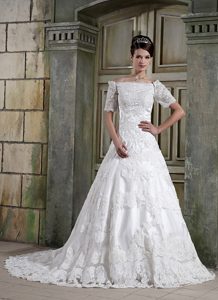 Modest Off The Shoulder Chapel Train Designer Bridal Dress in Lace on Sale