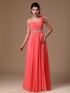 One Shoulder Long Watermelon Beaded Evening Dress with Flowers