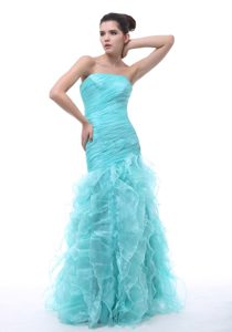 Strapless Long Aqua Blue Organza Ruched Evening Dress with Ruffles