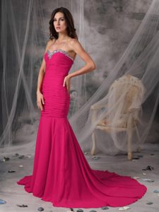 Discount Fuchsia Mermaid Ruched Ladies Evening Dresses with Court Train