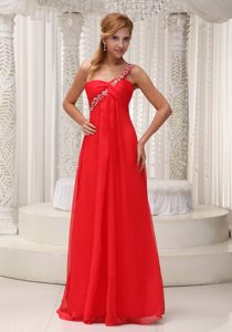 One Shoulder Red Chiffon Evening Gown Dress for Cheap in Floor-length