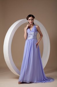 Pretty Lilac Empire V-neck Ruched Evening Dress Pattern with Brush Train
