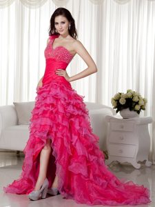 Discount Hot Pink A-line One Shoulder Ladies Evening Dress in Organza
