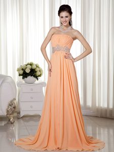 Light Orange Strapless Evening Gown Dresses with Brush Train on Sale