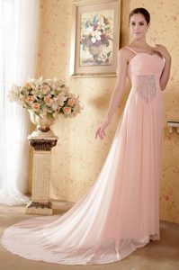 Baby Pink Empire Straps Beautiful Evening Wear Dresses with Court Train