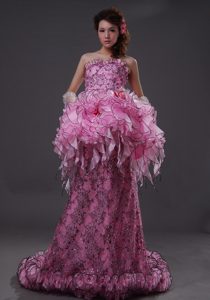 Strapless Pink Ladies Evening Dresses for Cheap with Brush Train