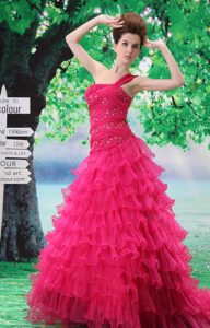 Custom Made One Shoulder Beaded Evening Gown Dress with Court Train