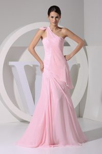 Pretty Baby Pink Bowknot Women Evening Gown Dress with One Shoulder
