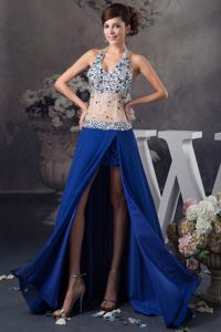 Blue Halter Top Low Price Chiffon Women Evening Dress with Rhinestone