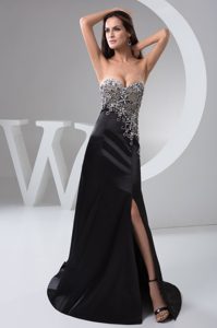 Beading and High Slit Decorated Black Women Evening Dresses with Brush Train