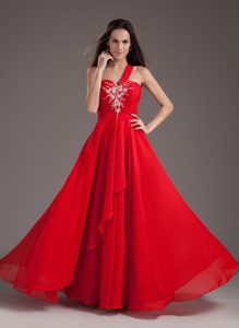 Red Empire One Shoulder Long Chiffon Cheap Evening Dresses with Appliques
