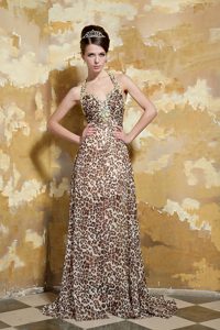 Colorful Halter Brush Train Designer Evening Dresses with Satin Leopard