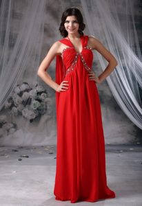Ruched and Beaded Red Chiffon Halter Evening Wear Dresses with Watteau Train