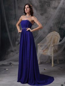 Chiffon Strapless Ruching 2013 Evening Dress Patterns with Beads in Dark Blue