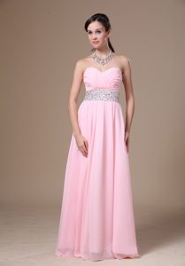 Pink Beaded and Ruched Informal Evening Dress for Fall with Sweetheart Neck