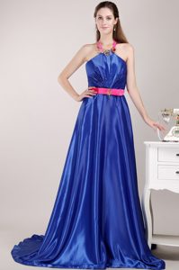 Blue Halter-top Beaded Plus Size Evening Dress with Sash in Elastic Woven Satin