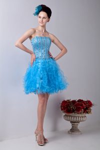 Baby Blue A-line Strapless Informal Evening Dress with Ruffles and Beads 2013